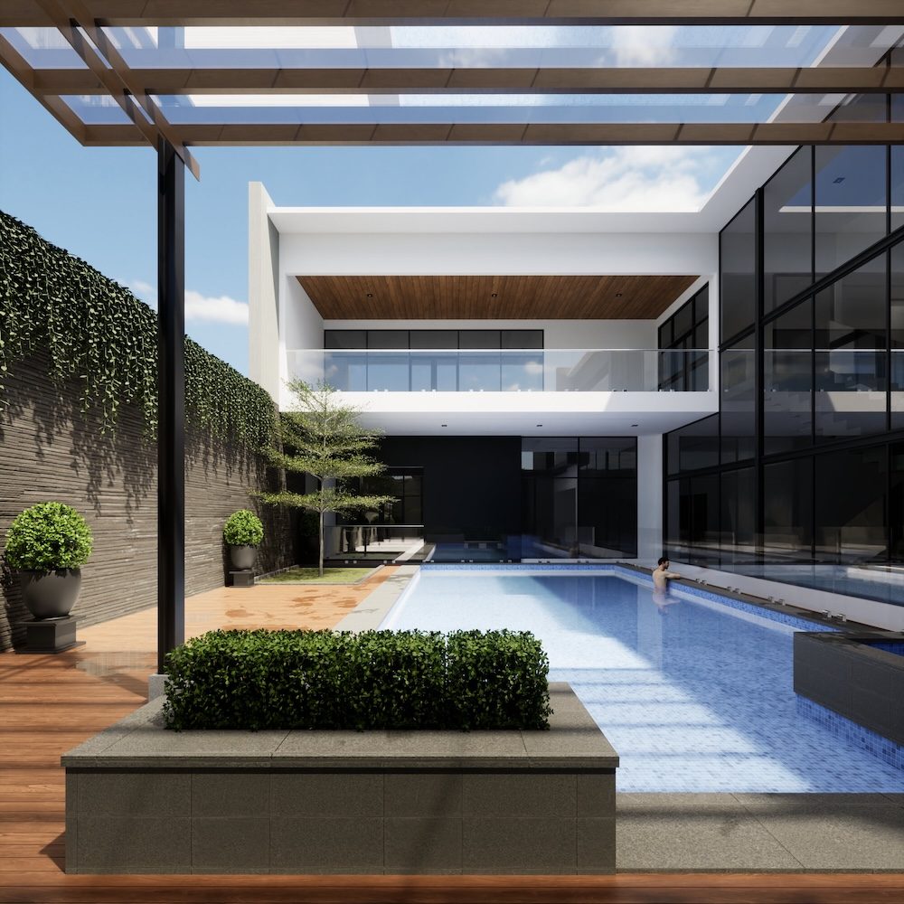 Área externa com piscina e deck de madeira