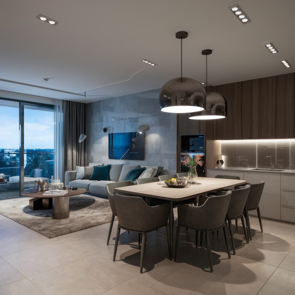 Sala de estar e cozinha integradas após reforma completa